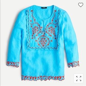 J. Crew Embroidered Linen Tunic Top Turquoise Size Large